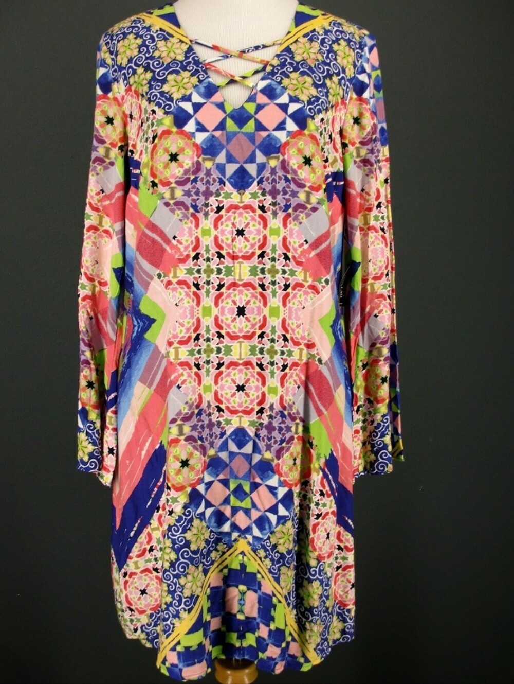 Beige By ECI Vibrant Multi-Color Printed Women’s Dress with Crisscross Neckline